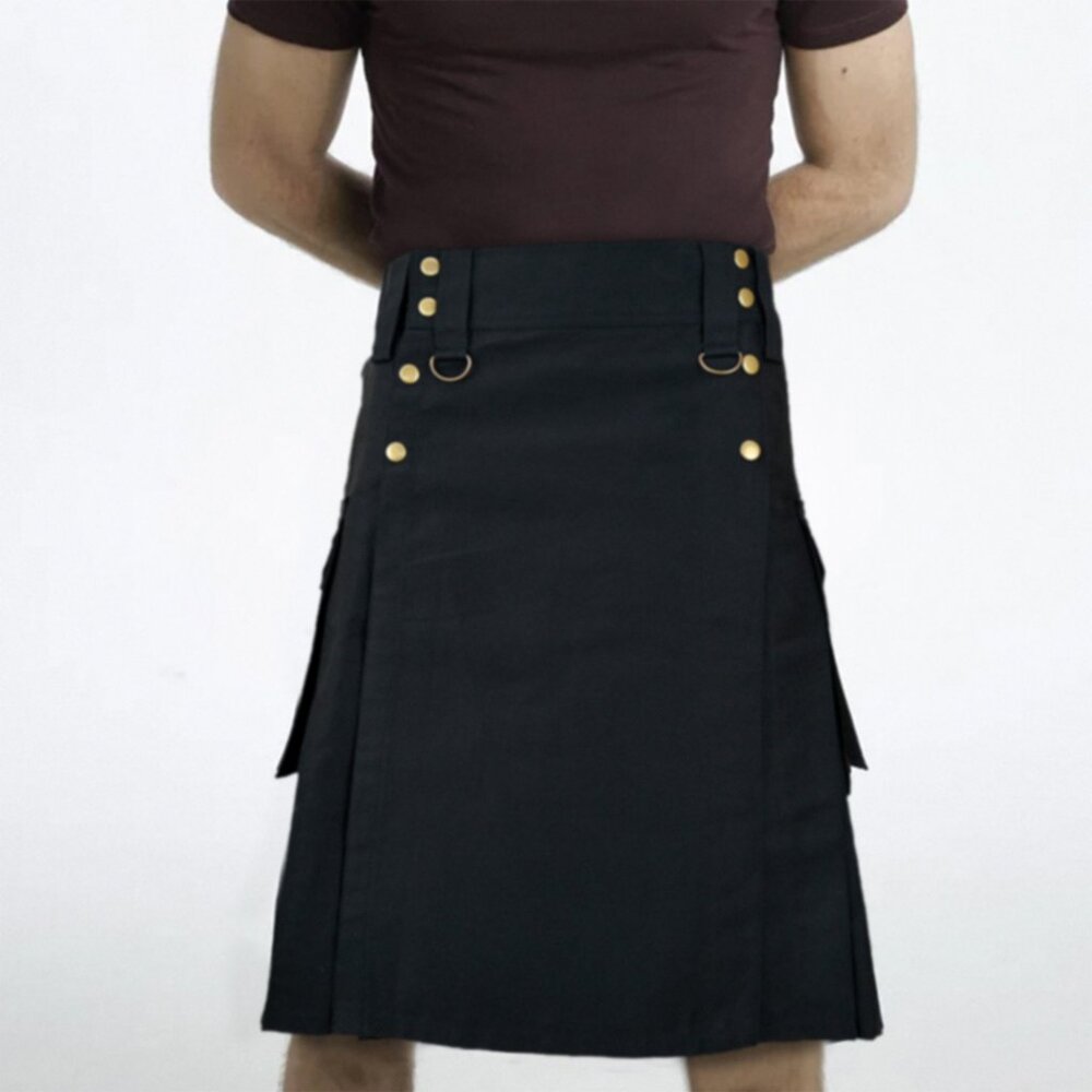 Men’s Black Scottish Utility Kilt 6 Pocket Cargo Traditional Style